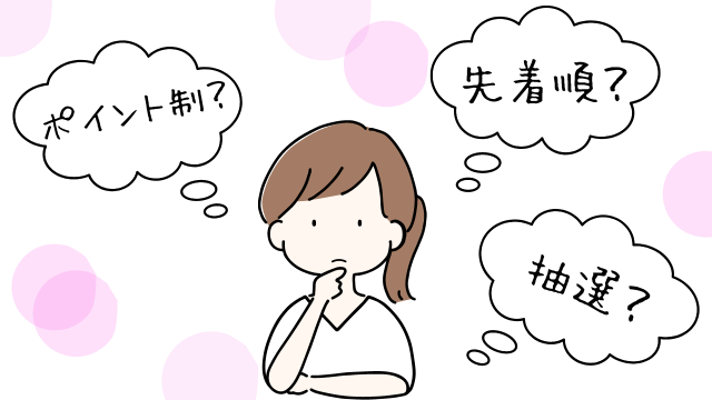 「ポイント制？先着順？抽選？」と考えながら指を顎に当てている女性のイラスト。